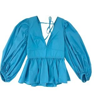 Staud Luna Peplum Top Womens 6 Blue Like New Balloon Puff Sleeve V-Neck Tie Back